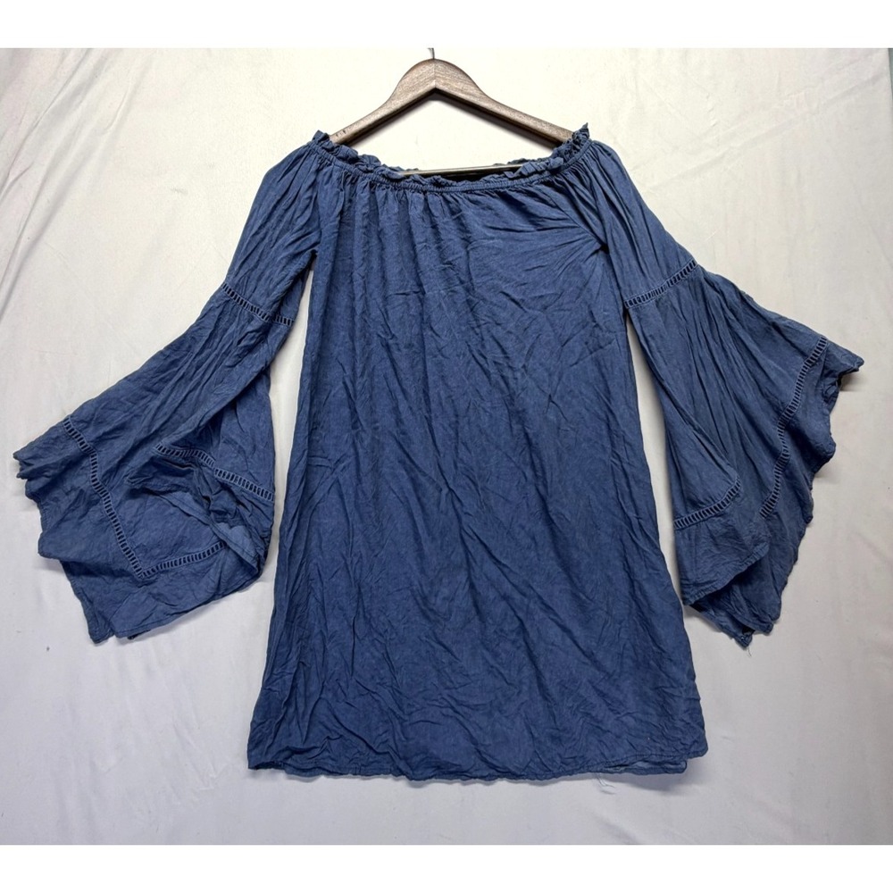 Oddy Off The Shoulder Blouse Top Women Small Blue Flare Bell Sleeve Crochet Trim